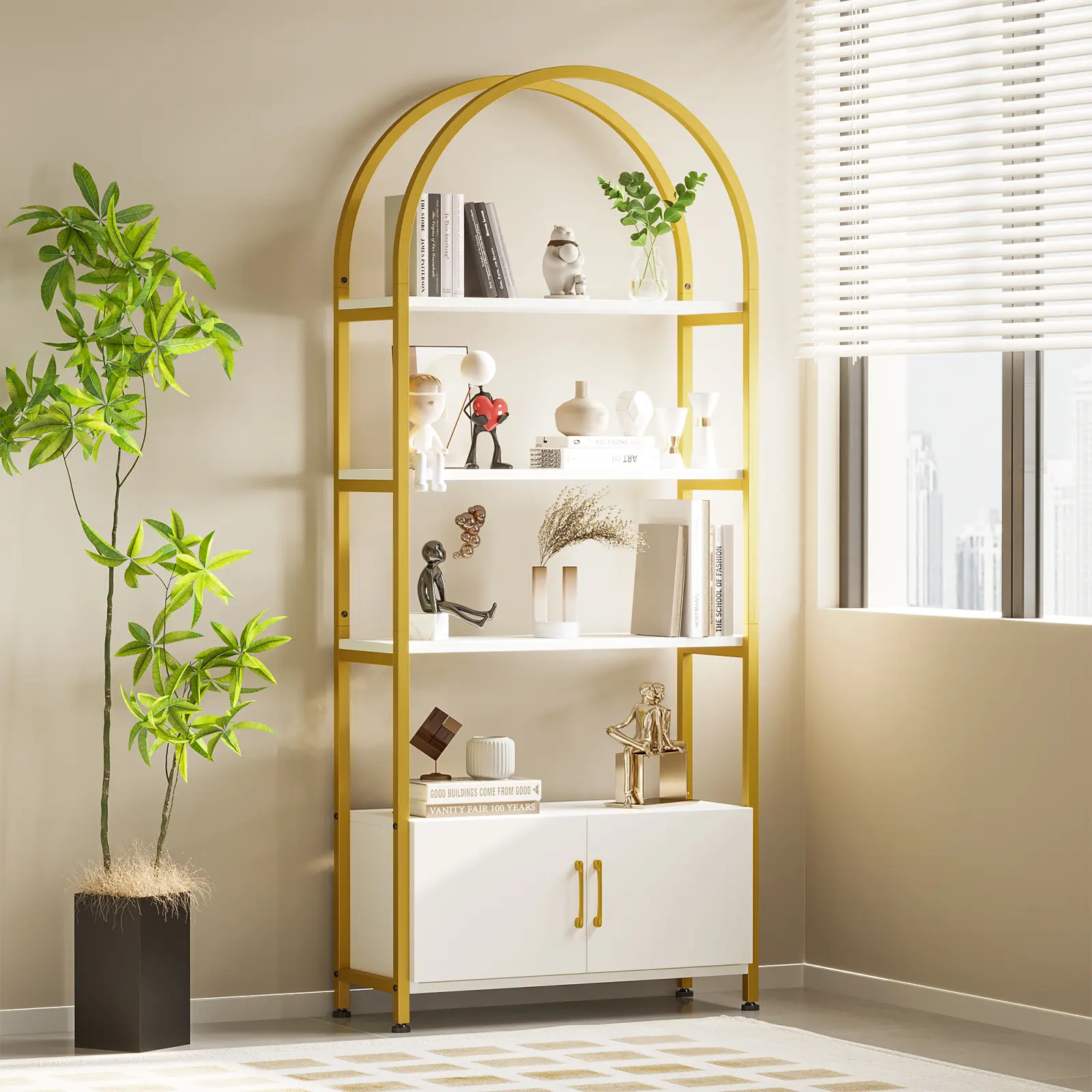 4 Tier Arched Bookshelf with Doors Storage – Sturdy Metal Frame & MDF Shelves – Freestanding Display Bookcase Cabinet for Living Room, Home Office, Bedroom – Space-Saving, Industrial Style