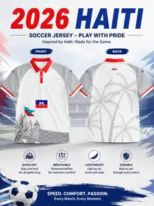 Men's Haiti Soccer Collar Knitwear, Quick-Dry Breathable Sport Jersey, Flag Pattern, Palm Tree Print, Training & Casual Wear