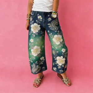 Women's vintage-wash wide-leg jeans; Y2K-style loose-fitting trousers; soft pink base with a bohemian floral print; suitable for year-round outdoor activities and streetwear styling.
