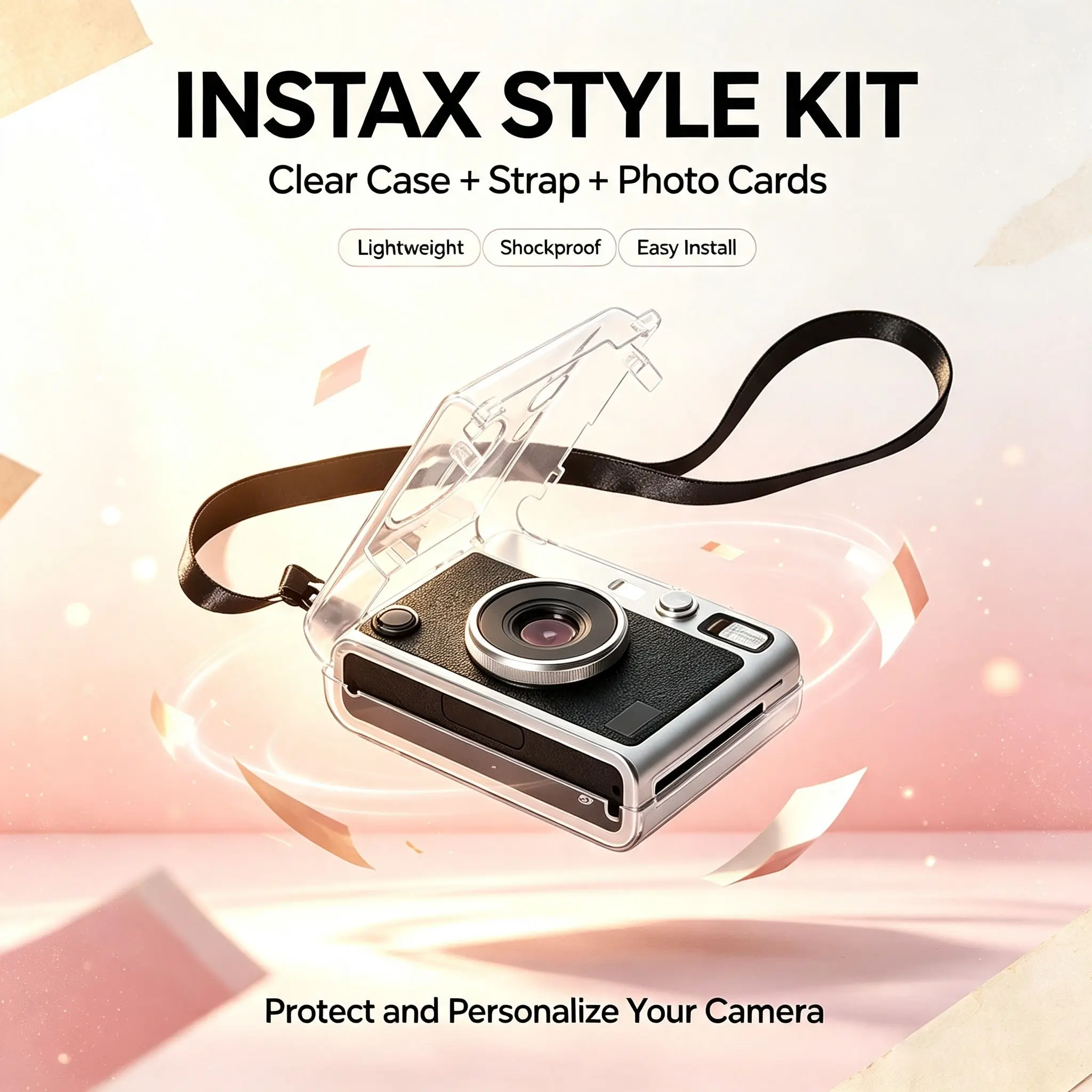 📸Instagram Instax Mini Evo Camera Case, Transparent Crystal Hard Shell with Strap, Anti-Drop Scratch-Resistant Camera Accessory