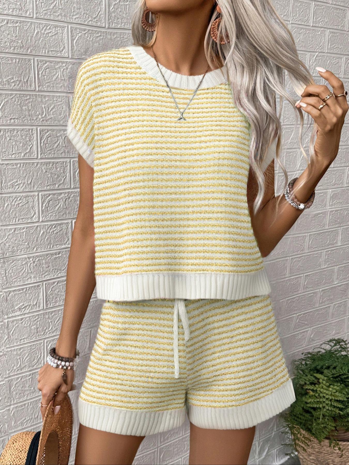 Women's Solid Ribbed Knit Sweater & Elastic Waist Shorts Two-Piece Set, Casual Fashion Cozy Knitwear Set for Daily Outdoor Wear, Ladies Clothes for Spring & Summer, Suits, Cute Summer Outfit, Striped Knit Sets