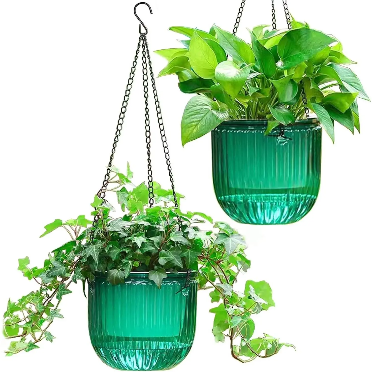 2 Pack Self Watering Hanging Planters Indoor Flower Pots, 6.5 Inch Outdoor Hanging Basket, Plant Hanger with 3 Hooks Drainage Holes for Garden Home (Emerald)Gift