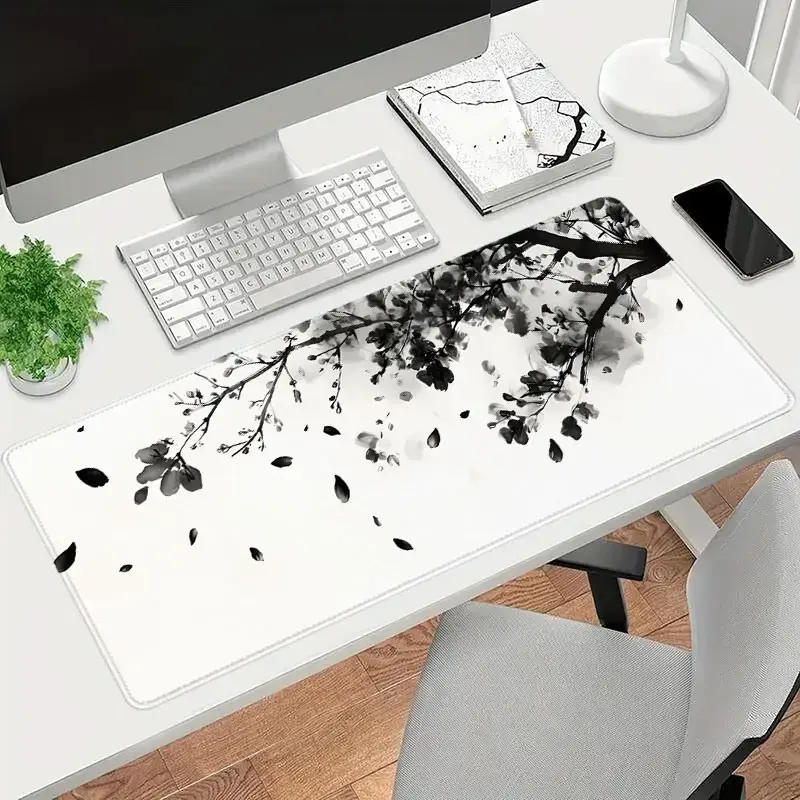 Japanese Plum Blossom Mouse Pad White Desk Mat Extended XL MousePads Office Desk Supplies Office Desk Accessories- Multicolor Non-Slip Stitched Edge Computer Mat For Desk 35.4x15.7 Inches Rubber Base Keyboard Pad for Office & Home backtoschool