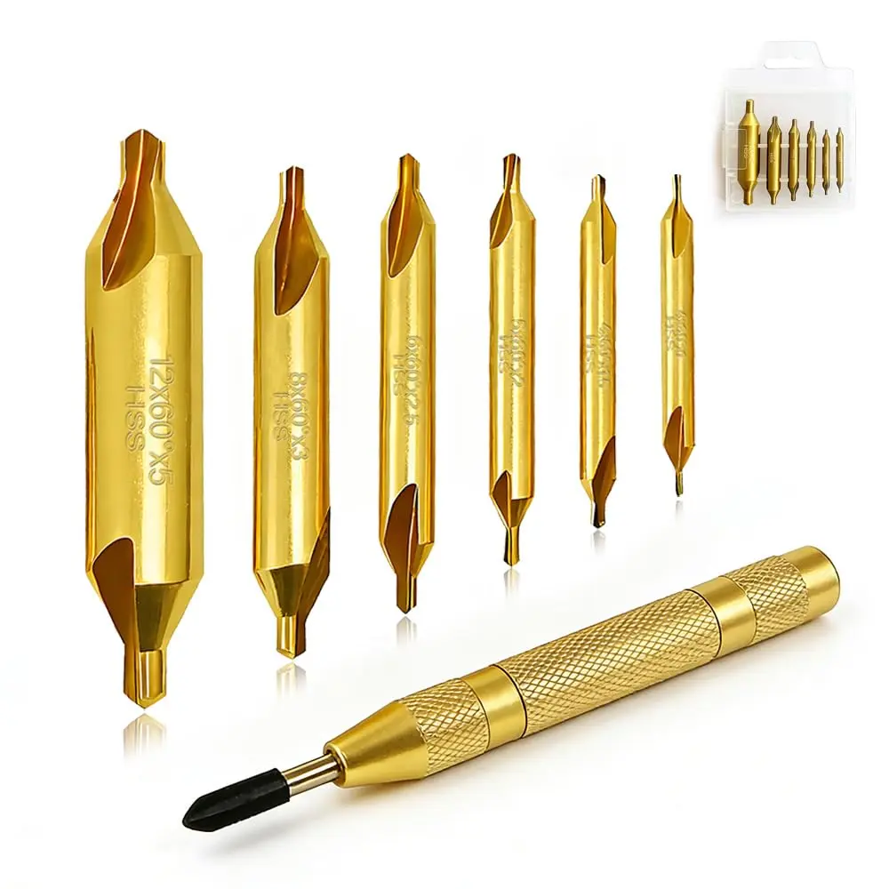 6 Pcs Center Bits Set with 1Pcs Center,TiAlN Coated Cobalt M2 HSS 60° Lathe Center Bits 1.0 1.5 2.0 2.5 3.0 5.0mm with Case,for Metalworking