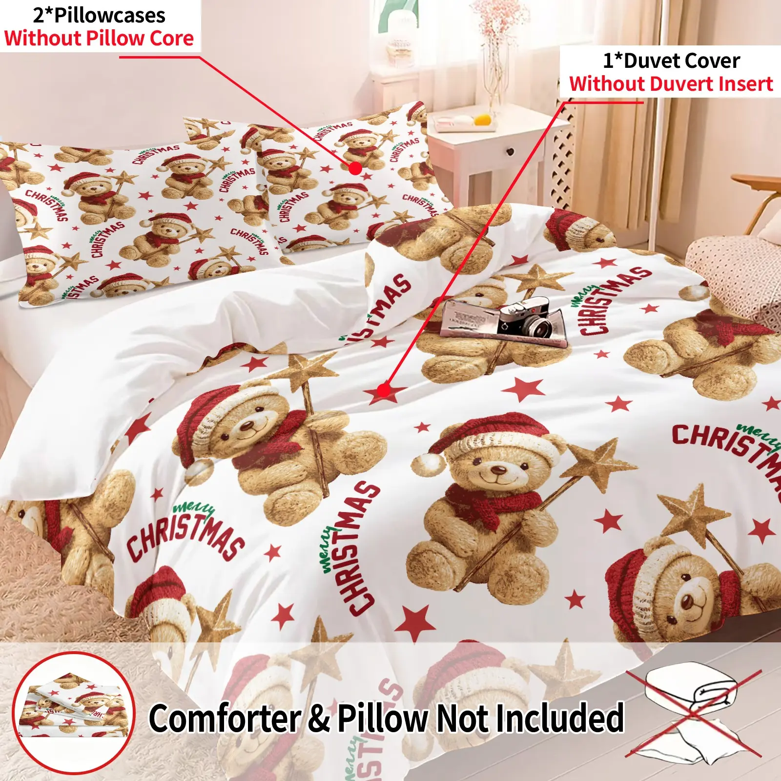 3Pcs Christmas Teddy Bear Duvet Cover Set, Includes 1 Duvet Cover + 2 Pillowcases, Soft Breathable Microfiber Fabric, Cute Xmas Bear & Star Repeat Print Bedding, Warm Holiday Bedroom Decor for Kids & Adults, Comfy Bedding Sets