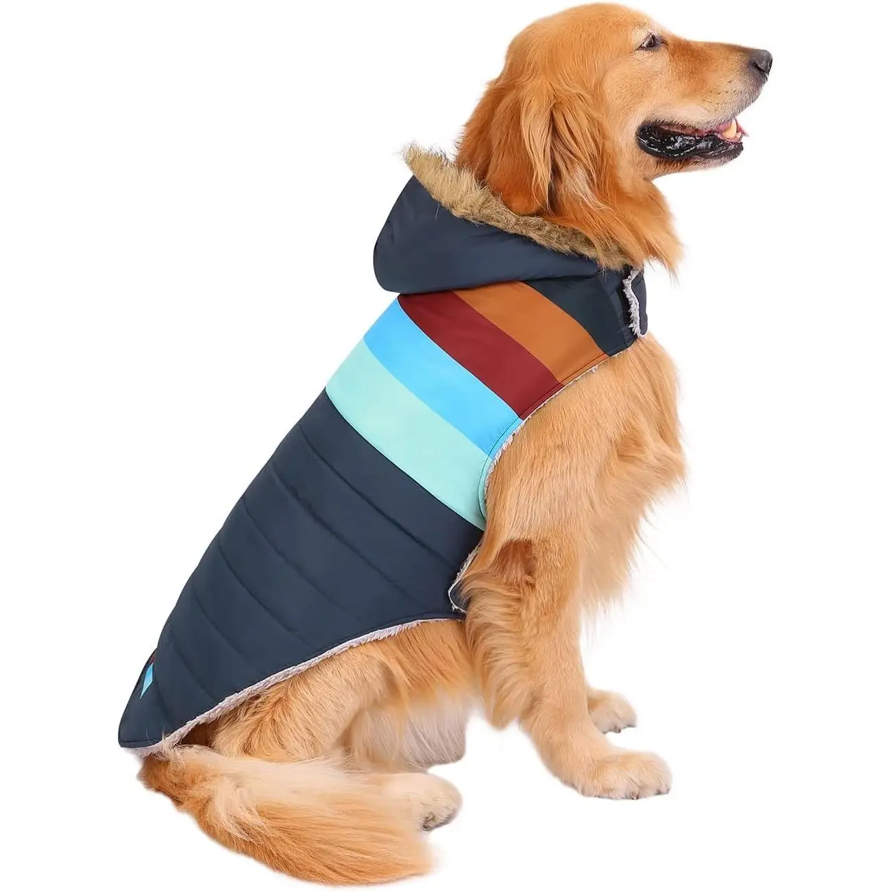 Dog Puffer Jacket Fleece Lined Warm Dog Parka Winter Coat with Harness Hole Navy Retro Stripe - L