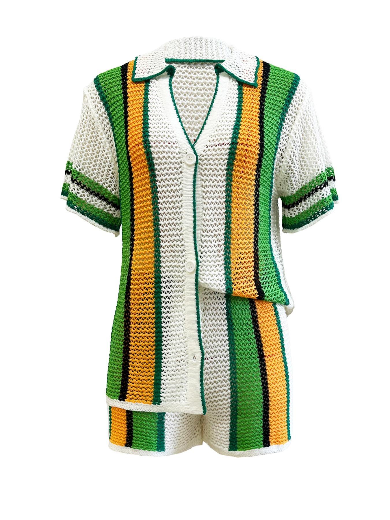 Women's Colorblock Button Front Top & Shorts Sweater Set, Casual Short Sleeve Top & Shorts, Summer Clothes Set for Beach Vacation, Womenswear