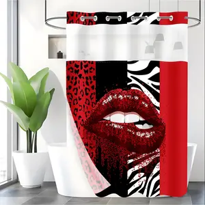 LVRLVR 1pc Edgy Bold Style Red Black White Color Glitter Lips Leopard Zebra Print Pattern Double Layer Detachable C-Ring Hook-Free Shower Curtain 70.8"×74"(180×188cm)