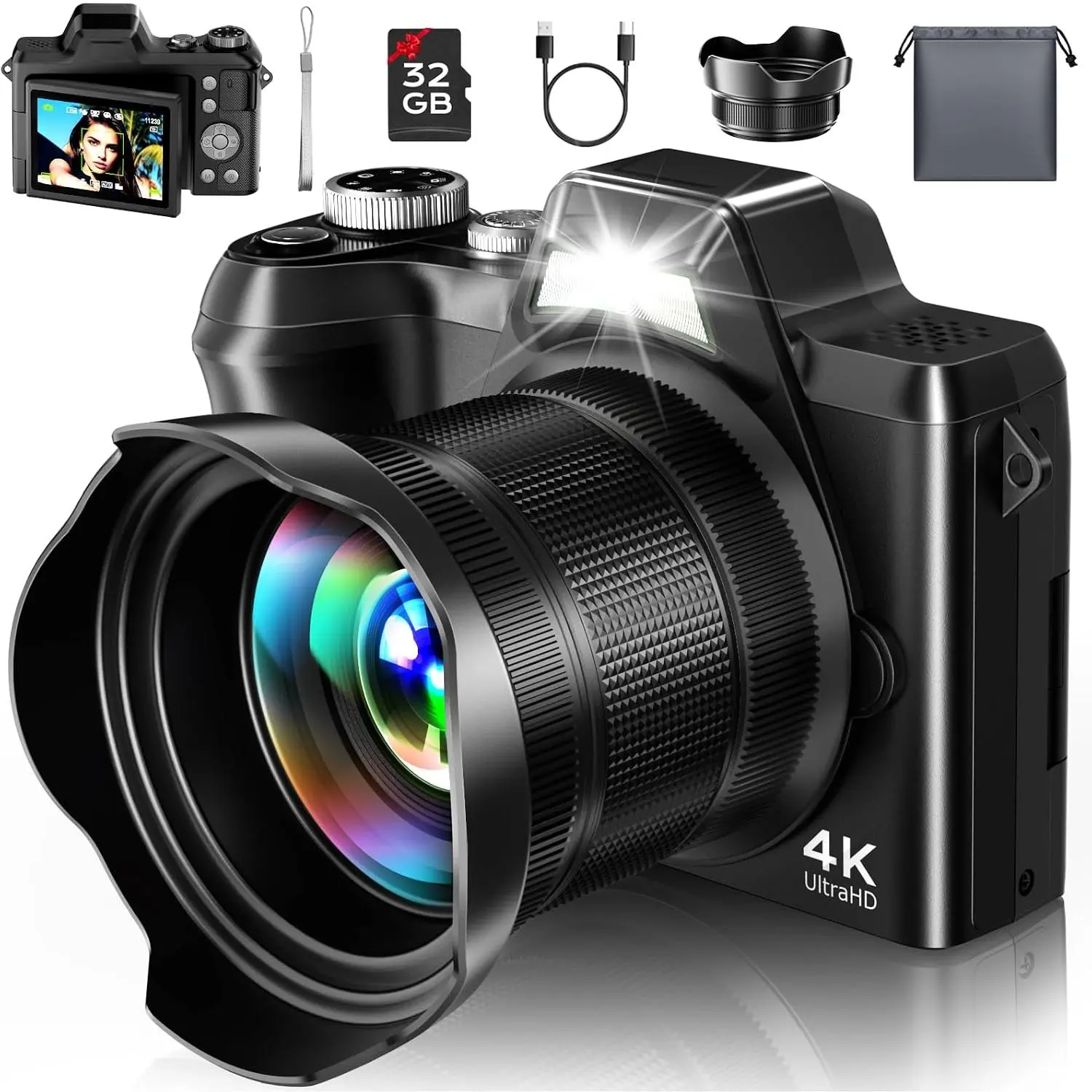 4K Digital Camera for Photography Travel, 56MP Autofocus Vlogging Camera for YouTube, 16X Zoom with 3" 180?Flip Screen & Lens , 32GB Card,  Ideas for Teens & Beginners
