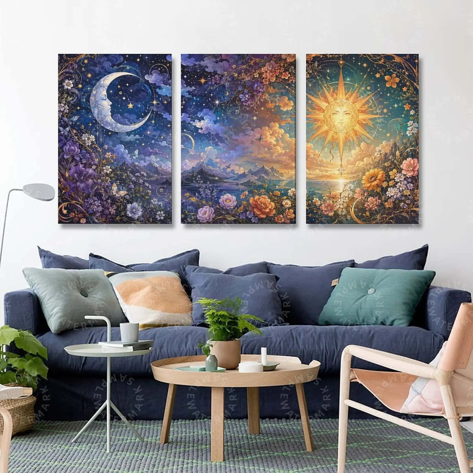 Celestial Sun and Moon Floral Triptych Wall Art, Fantasy Night Sky Canvas Poster, Boho Aesthetic 3 Piece Wall Decor, Bedroom Wall Art, Living Room Decor, Office Wall Decor, Gift Idea