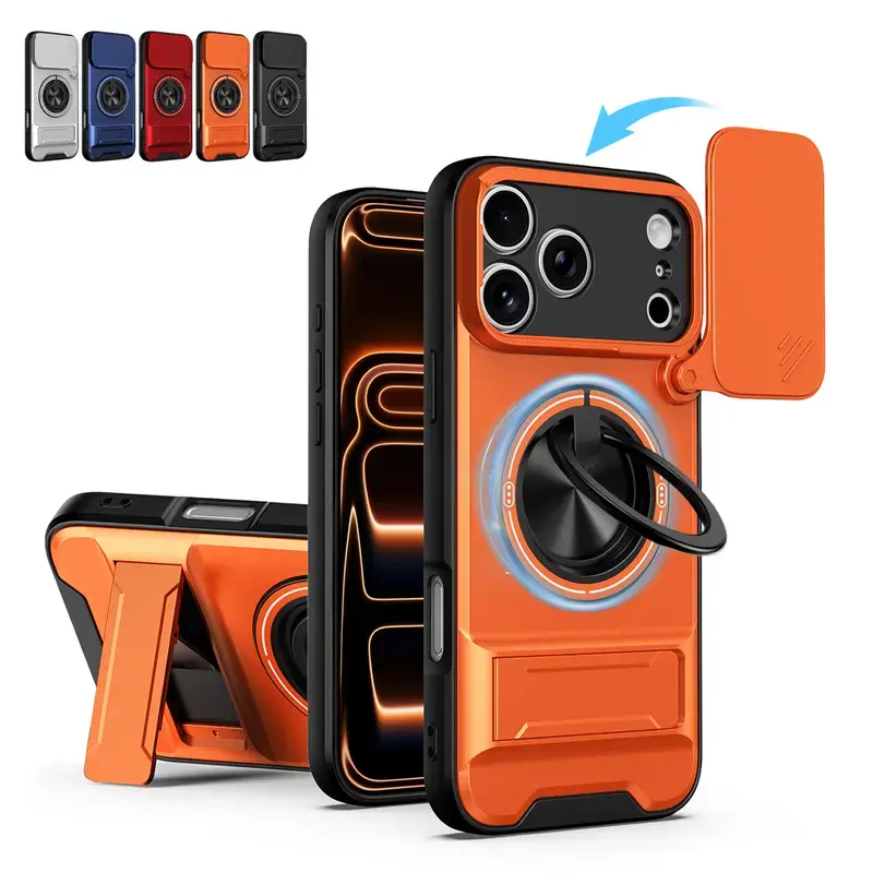 Military-Grade Shockproof Protection Casing for iPhone Series (17 Pro Max,16,15,14,13,12) - 360° Rotation Magnetic Ring, MagSafe Fit, Slide Camera Cover, Foldable Stand Mobile Phone Accessories