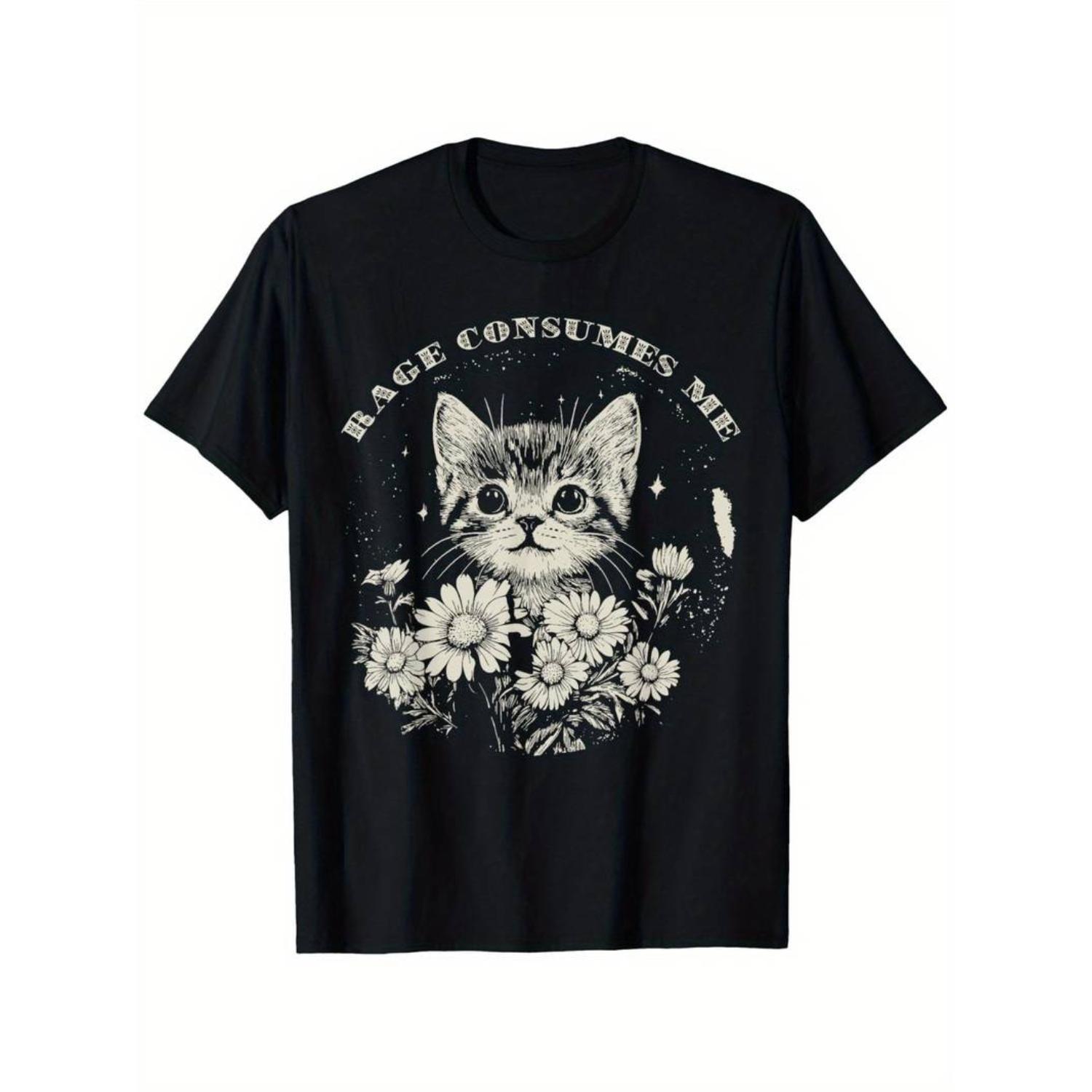 Cotton Summer T Shirts [Funny Cat T-Shirt] Soft Cotton Funny Cat Graphic T-Shirt - 'Rage Consumes Me' Sarcastic Kitten & Flower Design T-Shirt For Men and Women