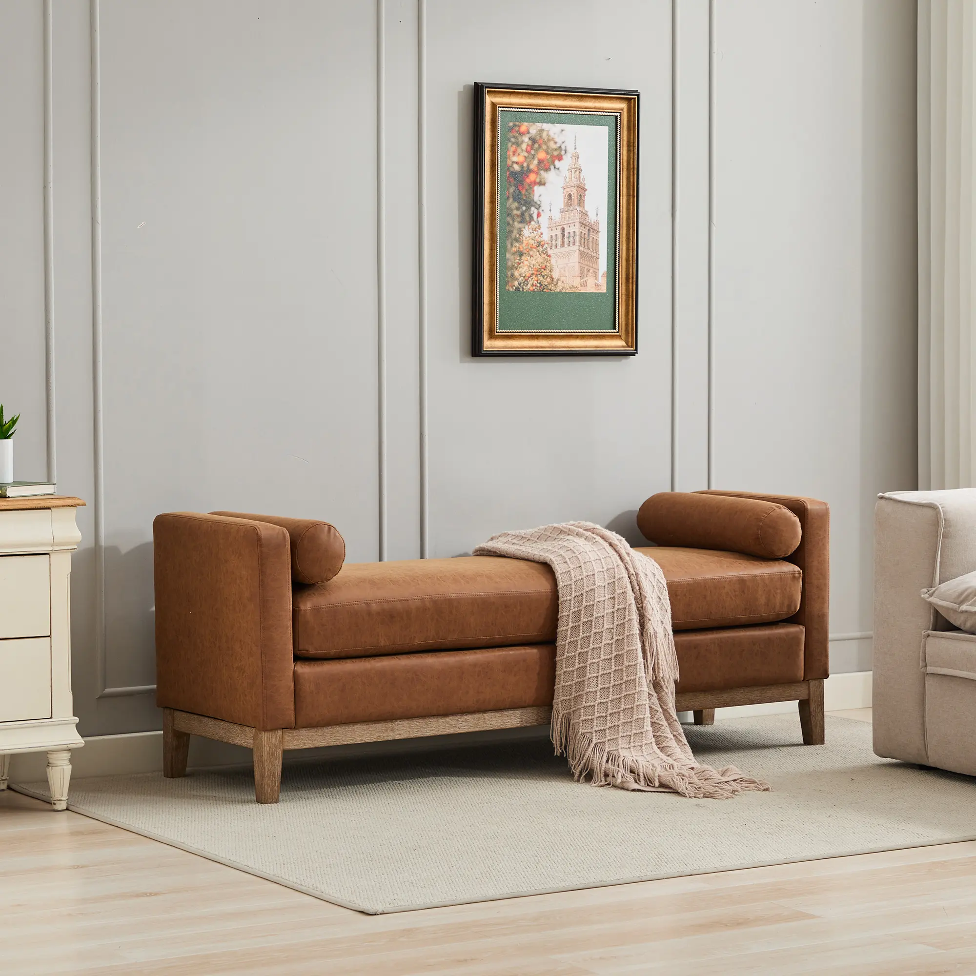 Nokaa Upholstered End of Bed Bench with Arms & Bolsters, PU Footrest Ottoman Stool, Wood Frame & Legs, Foam Cushion, Rectangular, Brown, for Bedroom, Living Room, Entryway, Hallway, 65.5"W