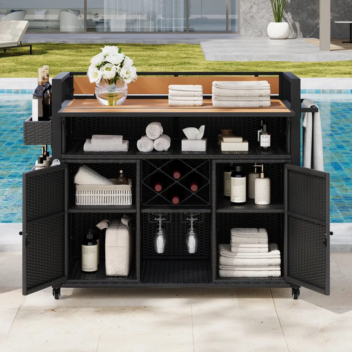 52.8"W Wicker Outdoor Grill Cart with Extended Plastic Wood Table Top, Rolling Kitchen Island on Wheels with Storage Cabinet, for Patio Backyard Garden Poolside, Double Handle Design