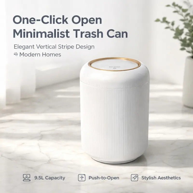 One-Click Open Minimalist Trash Can 9.5L | Modern Vertical Stripe Design, Stylish & Odor-Resistant Bin for Bathroom, Bedroom, Kitchen & Office