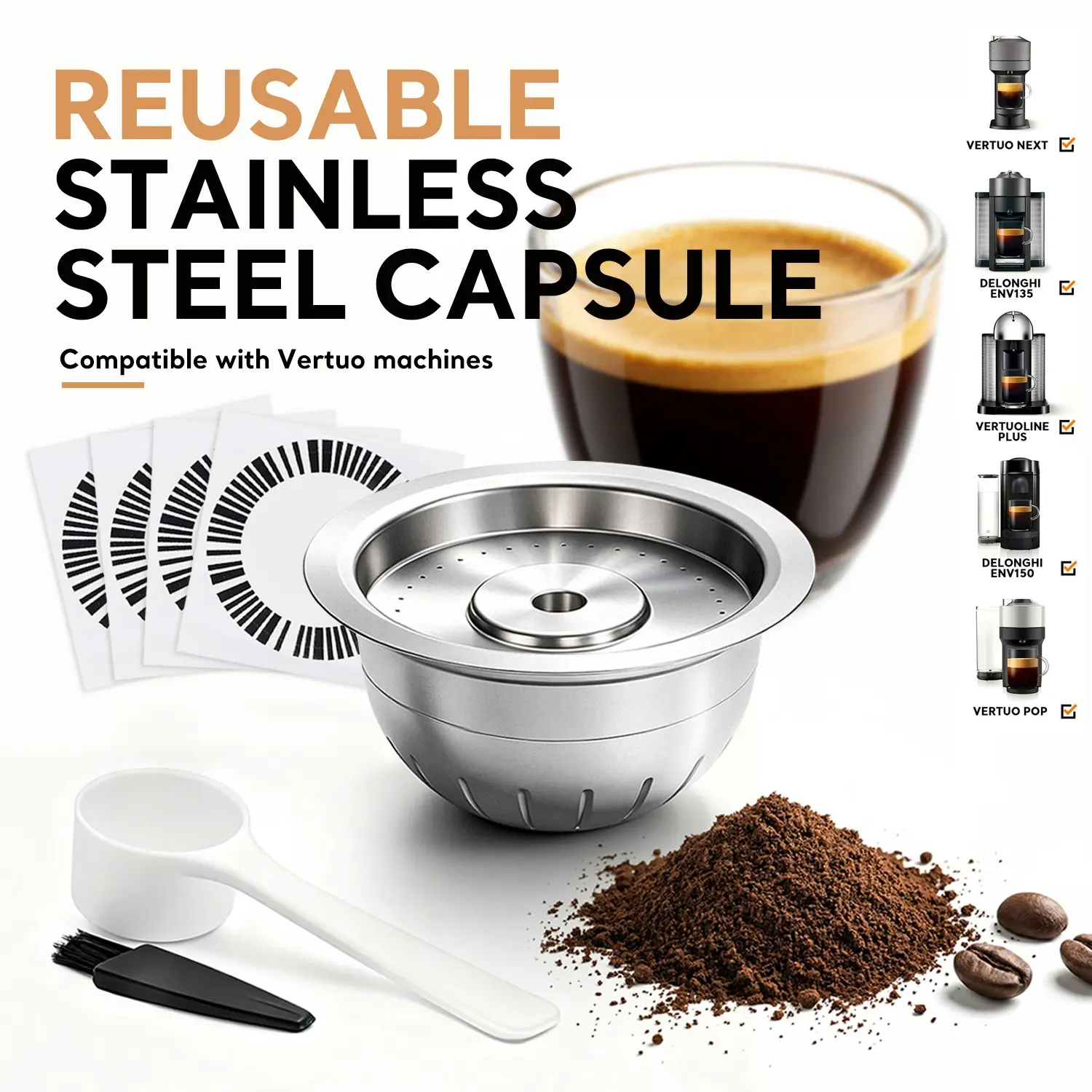 Reusable Stainless Steel Coffee Capsules, Steel Coffee Coffee Pods, Compatible with Nespresso Vertuoplus/vertuo-Line/next/pop Series