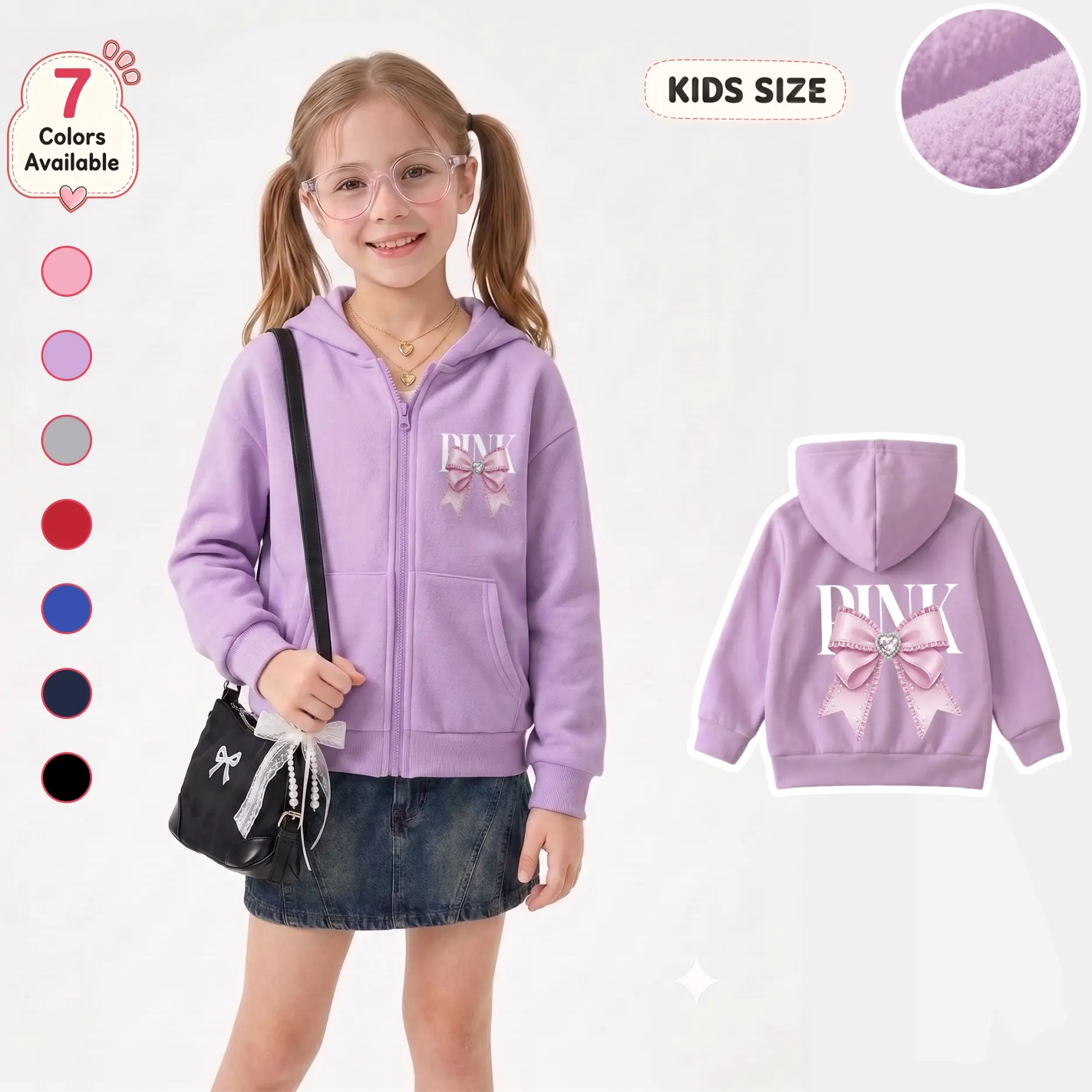 Girls’ Fashion Ribbon Graphic Zip-Up Hooded Jacket, Trendy Letter Print with Sparkling Heart Detail, Long Sleeve Hoodie with Front Pockets for Travel, Birthday Parties and Everyday Wear