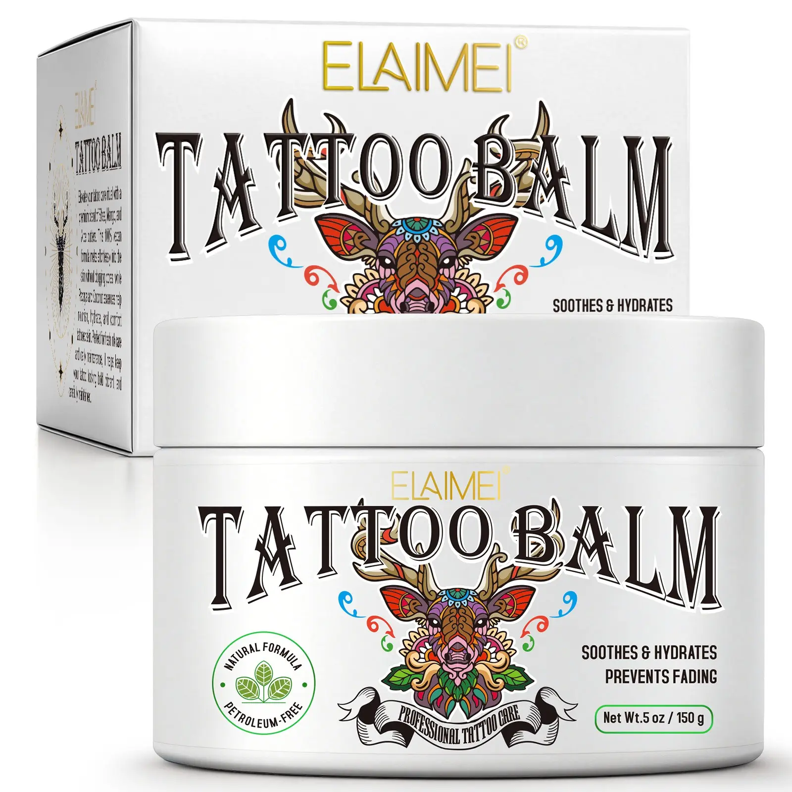 ELAIMEI Tattoo Care Cream 150g—repairs and protects new tattoos and revitalizes old ones. Free of mineral oil, this tattoo moisturizer and brightening cream is suitable for daily care.