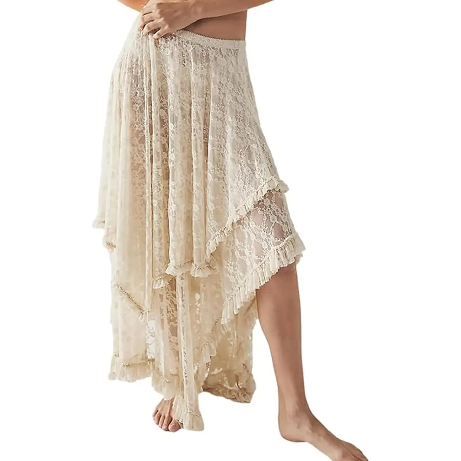 Arssm Lace Skirts for Women Flowy Boho Maxi Skirt Elastic Asymmetrical Layered See-Through Long Skirt