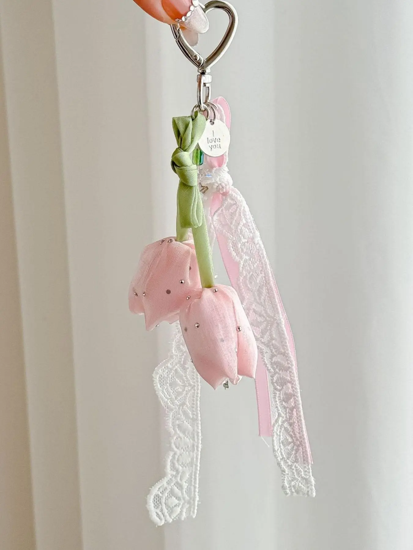 Lace Ribbon Tulip Bag Accessory, Handcrafted Pink Flower Keyring with "I love you" Tag, Stylish Decoration