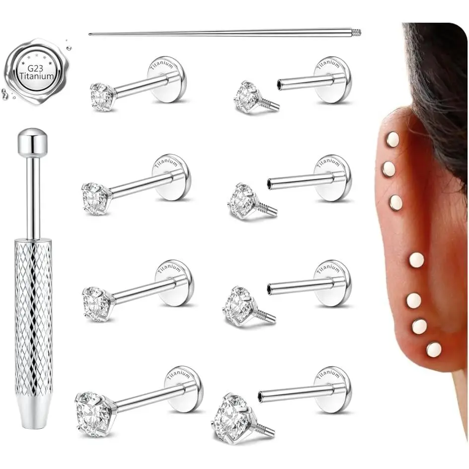 4 Pairs Titanium Flat  Earring  Nose Stud Flatback Internally Threaded Tragus Helix Conch Cartilage Lip   for Women Men With Ball Grabber Tool Insertion Pin