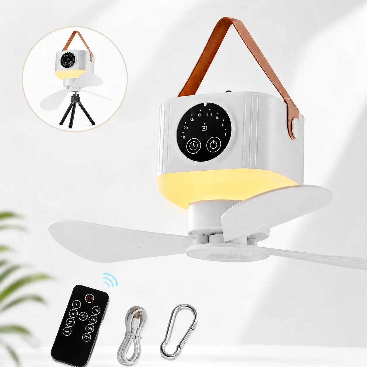 11-Inch Rechargeable Camping Fan with Light and Remote Control, Portable Hanging Tent Fan and Cordless Desk Fan for RV, Travel and Home