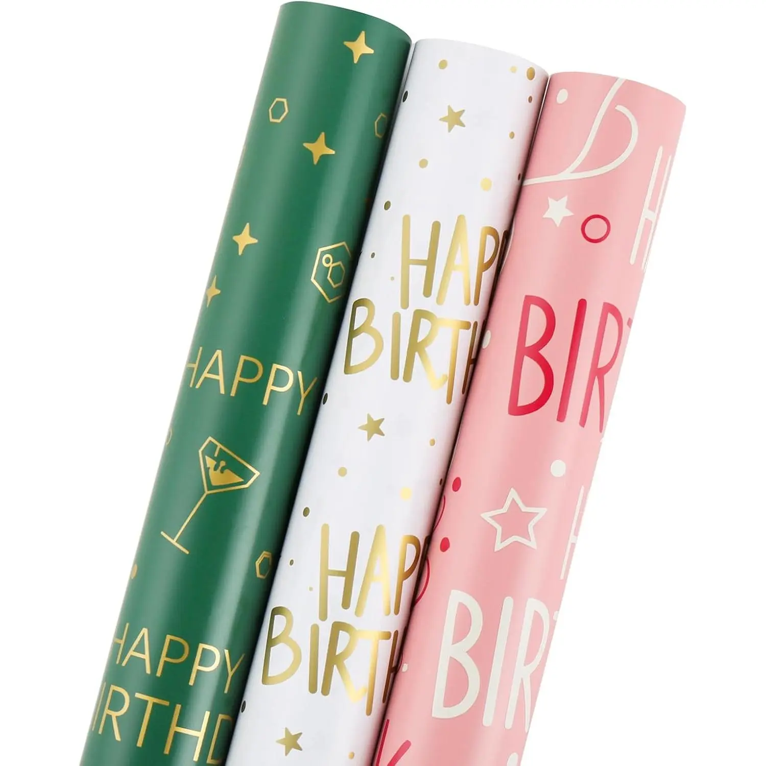 Birthday Wrapping Paper Roll 3-Pack, 17 x 200 Inch  Wrap in , Green & , Birthday Wrapping Paper for Women,  and Adults,  for Birthday  Wrapping