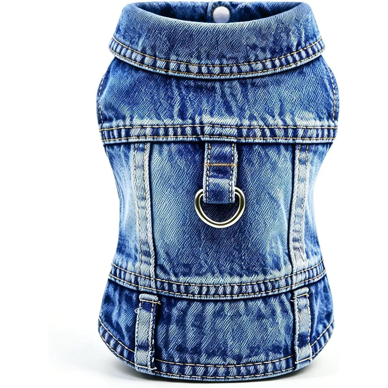 Washed Fabric Dog Jean Jacket with D-Ring Clip - Classic Lapel Blue Denim Apparel for Small Boys & Girls Dogs, Comfortable Pet Coat