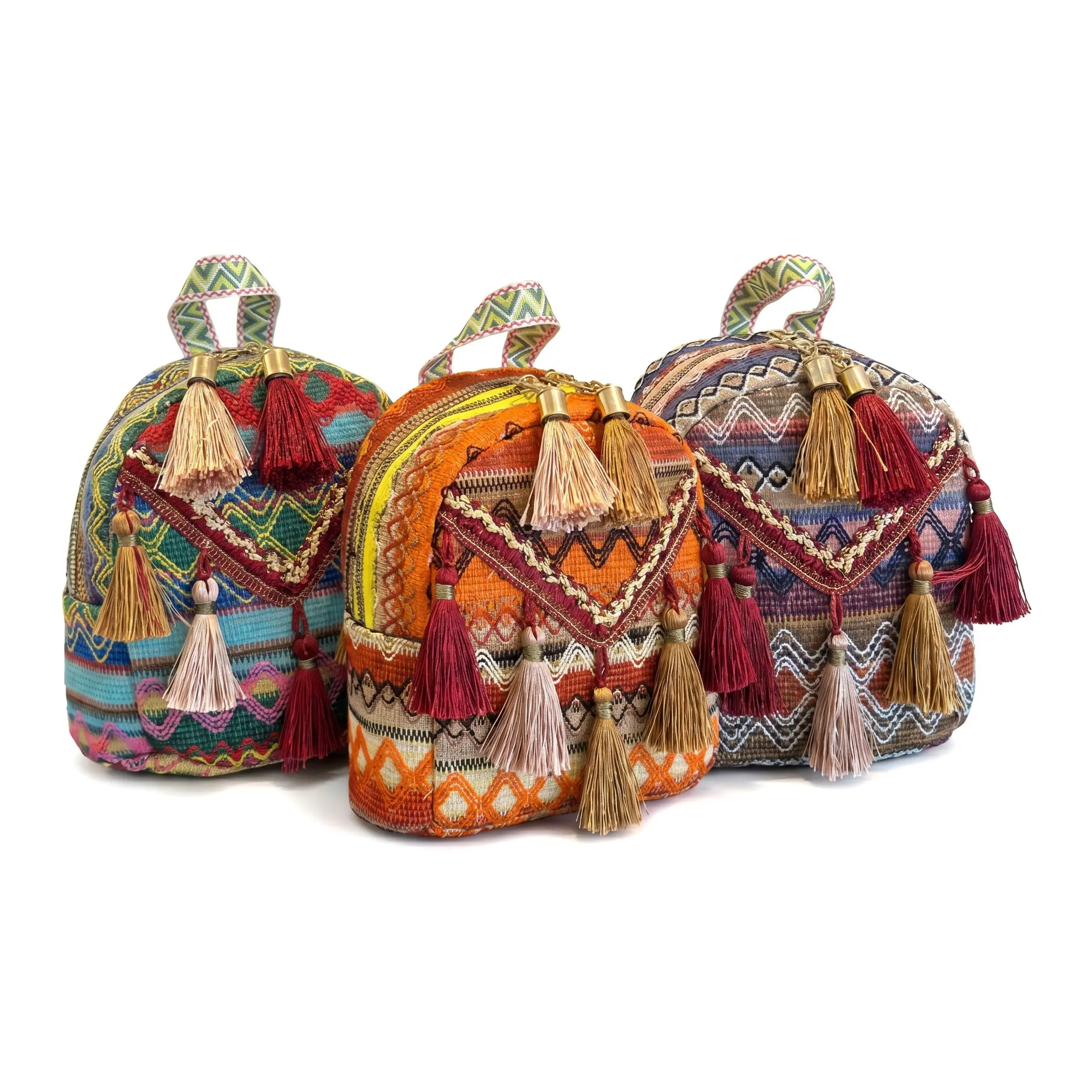 Women's Ultra-Light Ethnic Fringe Accents Stripes Zipper Backpack, Versatile Casual Small Polyester Bag for Spring Outings & Travel