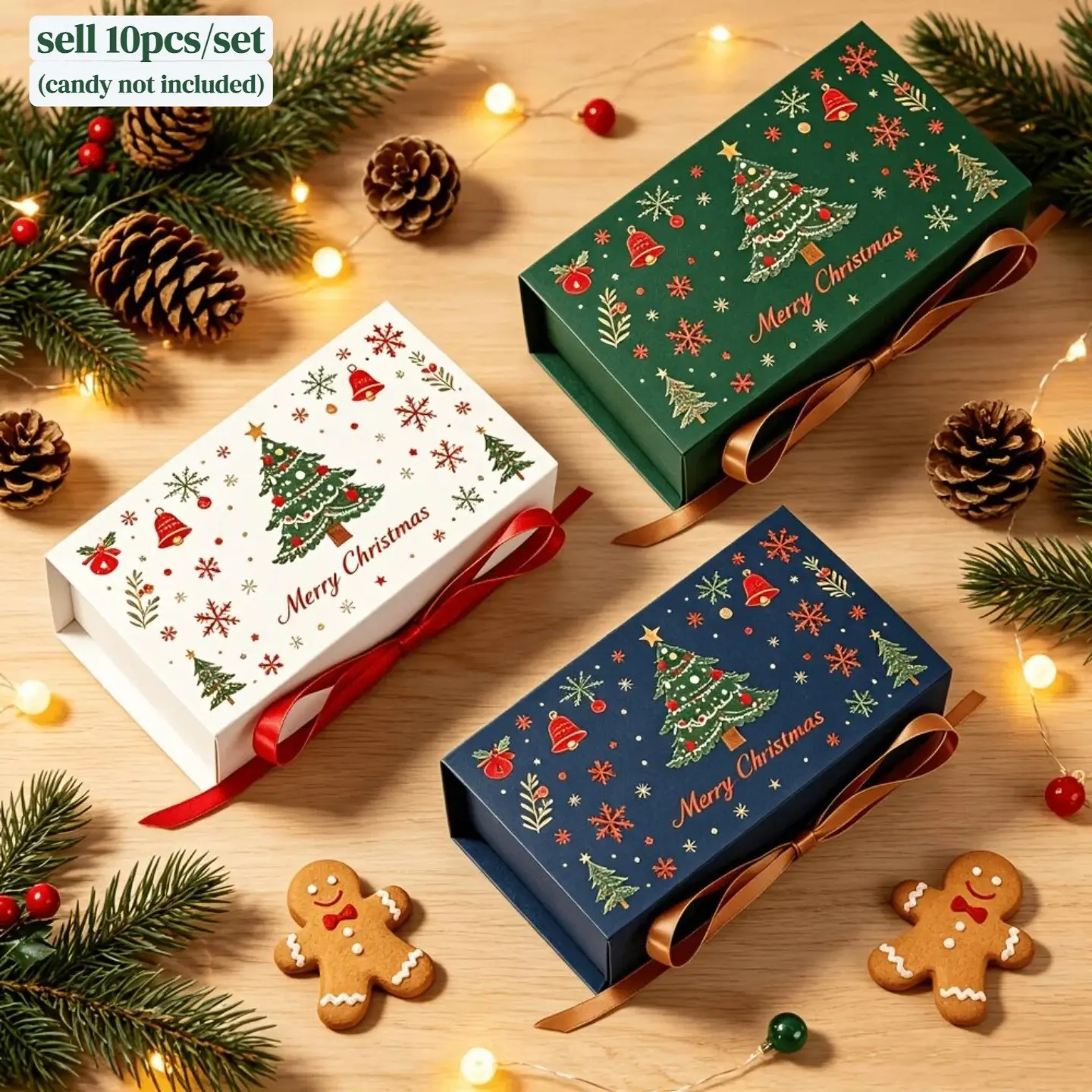 Gift for Her/Him 10/30 Christmas Gift Boxes with Leather Handles，Festive Red and Green 'Merry Christmas' and 'Reindeer' Design with Golden Foil Stamping, Suitable for Cookies, Candies, Chocolates, and Small Gifts，Ideal Choice for Businesses
