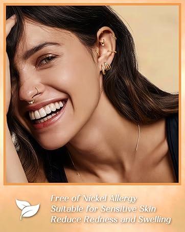 MILACOLATO Septum Nose Rings Hoops - 316L Surgical Steel Septum Rings CZ Opal Silver 14K Plated Gold Hoop Nose Ring for Women 16G/18G Clicker Cartilage Earring Conch Daith Nostril Piercing Jewelry 8mm/10mm 8Pcs