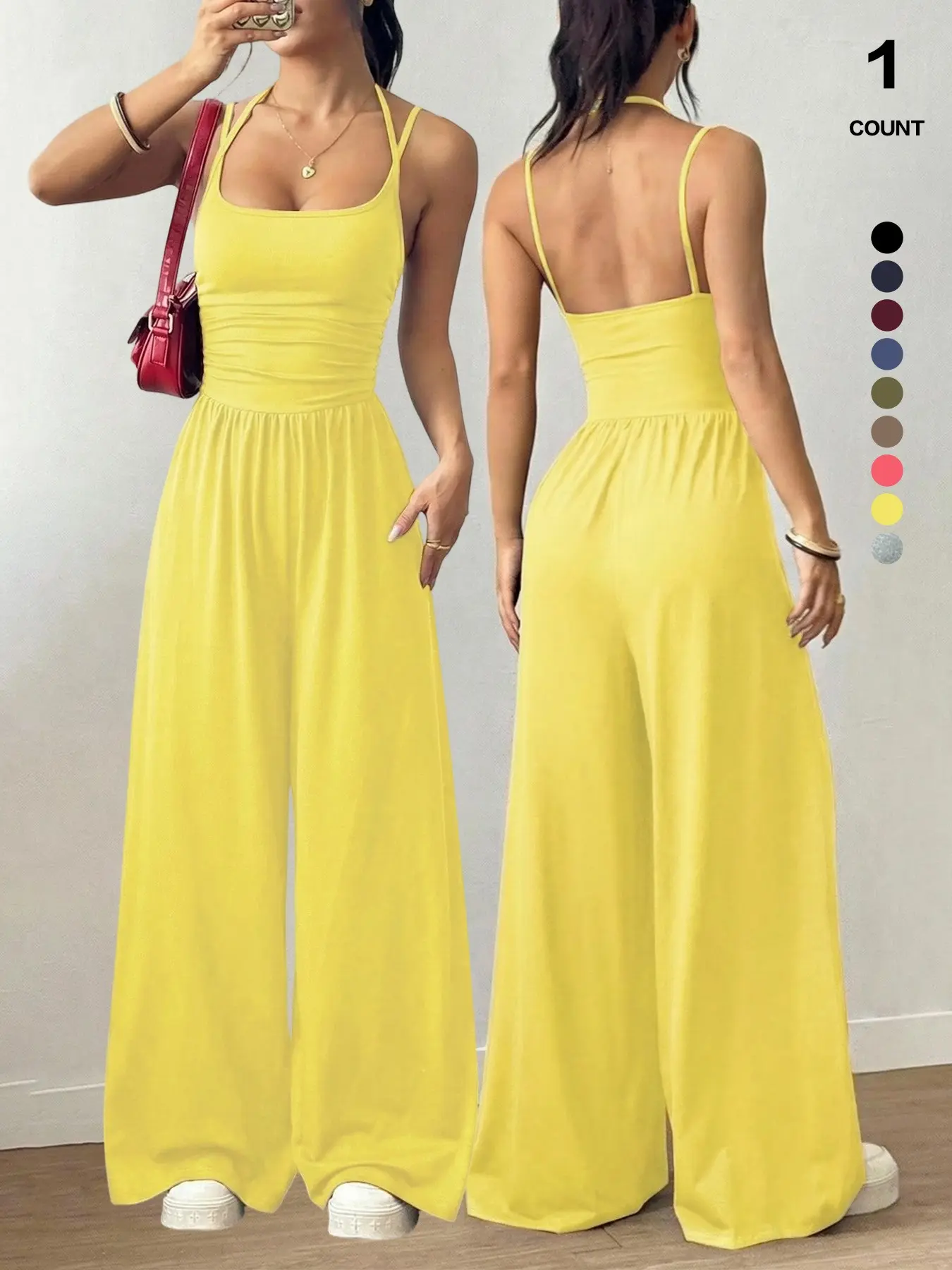 Women Square Neck Double Spaghetti Strap Jumpsuit, Side Ruched High Waist, Loose Wide Leg, Soft Stretchy Chic Casual Loungewear with Pockets