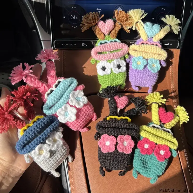 Handmade Knitted Synthetic Yarn Key Protector, Drawstring Sleeve Pouch with Crocheted Figure Keychain for Electric Motorcycle & Car Remote Key Storage