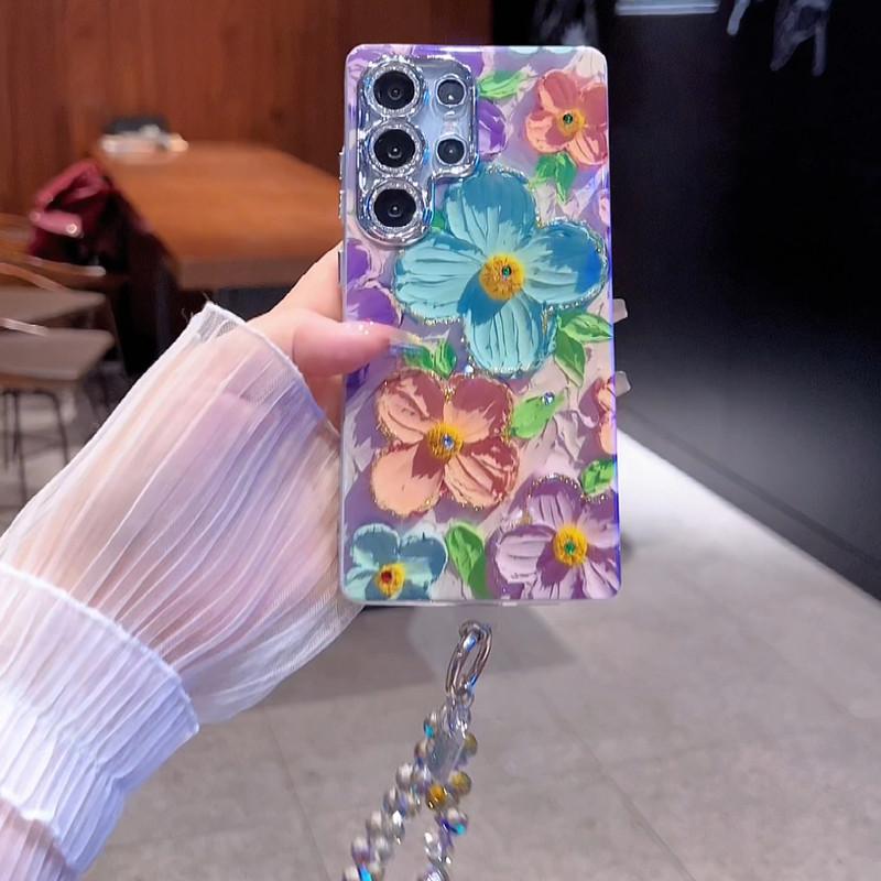 For S25/24/23/S22 blue light oil painting Green and Pink flower shell anti fall protective cover  HN201