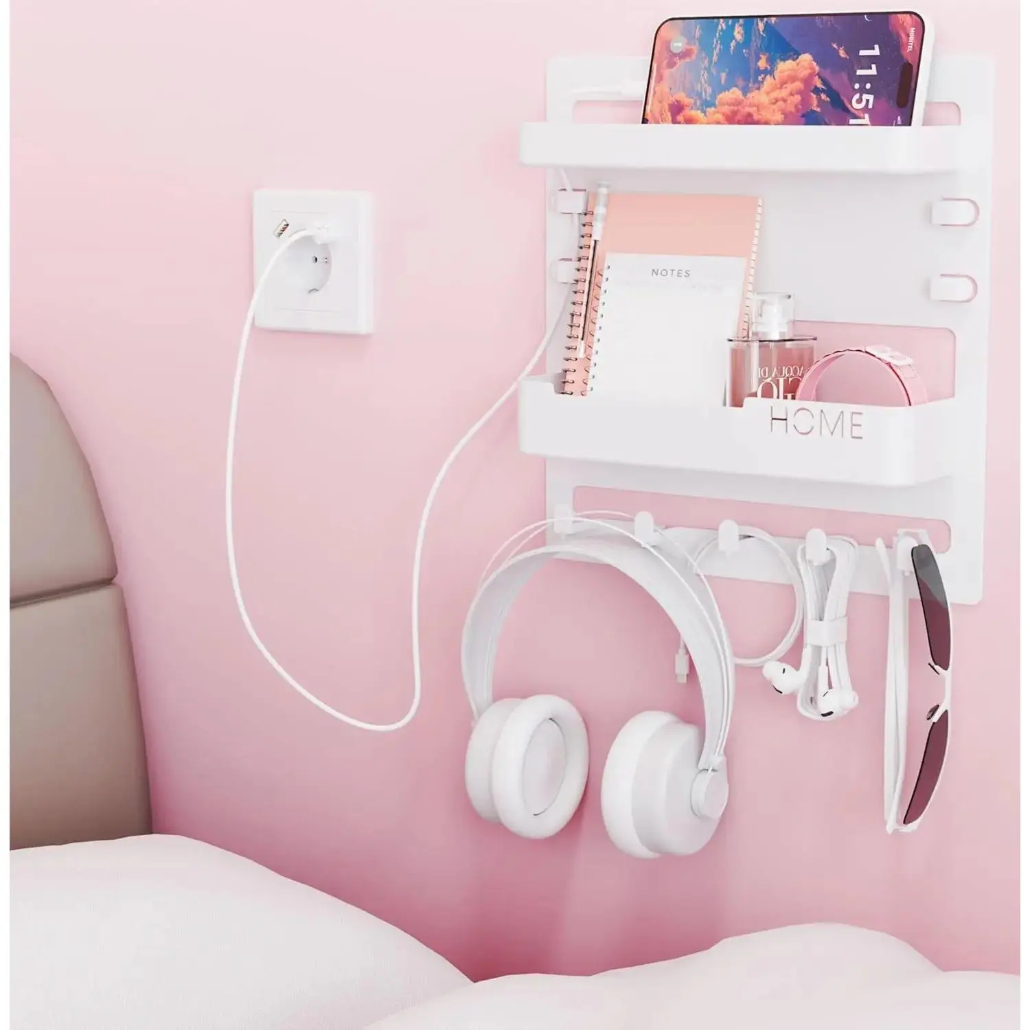 Bedside Wall Organizer for Dorm Bed,Rv,Small Room and Nightstand,Wall Mounted Floating Shelves and Bedside Shelf for Remote,Phone Holder, Shelf,Cute Bedroom Decor for College Girl,White