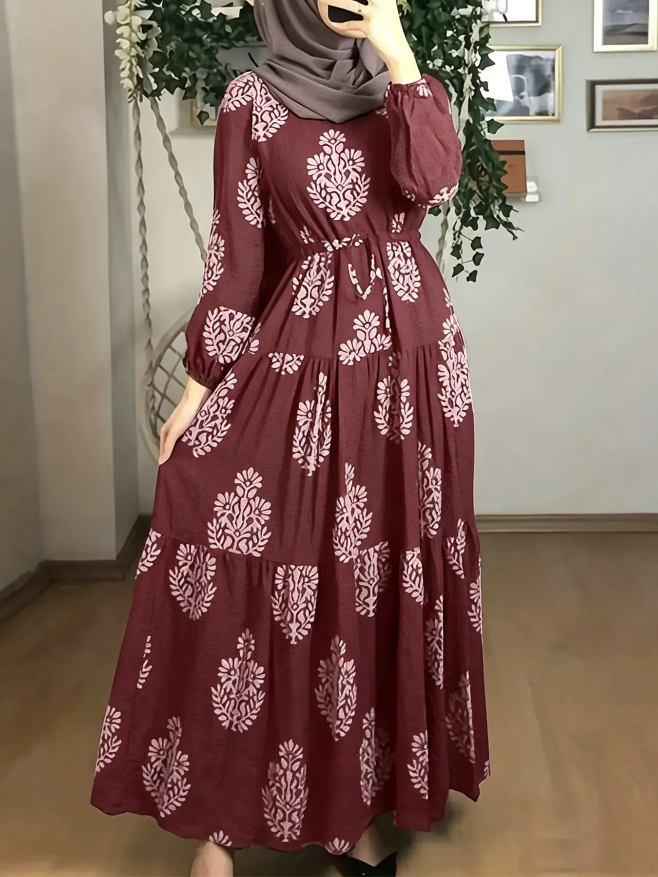 Women's Burgundy Floral Print Tiered Abaya, Elegant Modest Style, Round Neck & Waist Tie, Balloon Long Sleeves, Perfect for Ramadan/eid, Modest Islamic Clothing, Muslim Dress