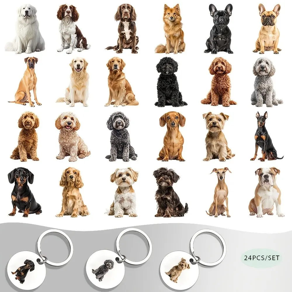 UV DTF Keychain Sticker Set, 24 Pieces, Dog Theme, High Adhesion, Easy Peel, HD Print, DIY Decor for Cups, Bottles, Laptops, Home Decor