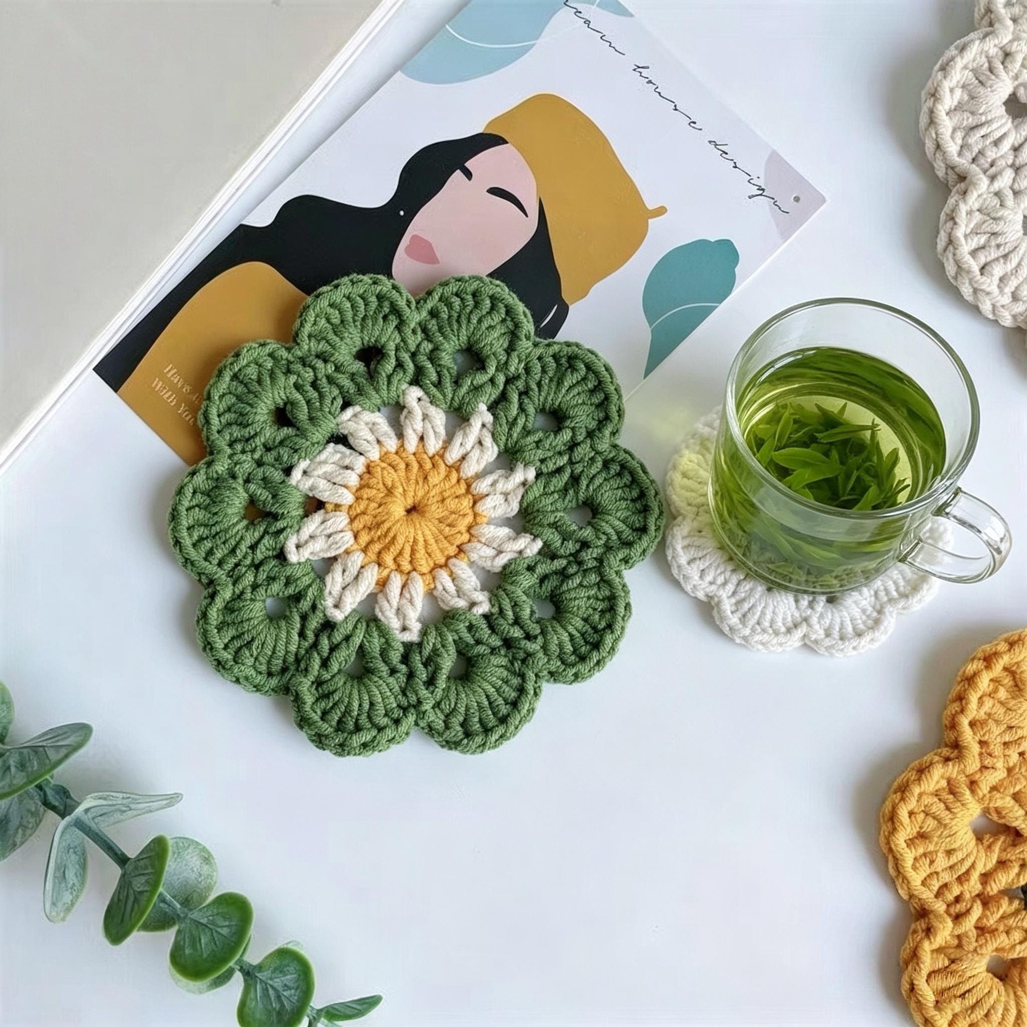 Small floral coasters, placemats, crochet heat-resistant mats, handmade milk cotton yarn balls, crochet set of 3, heat-resistant coasters, home kitchen dining room table decorations