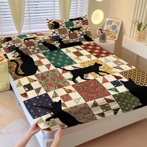 Patchwork Black Cat Silhouette Fitted Sheet Set, 1 Fitted Sheet + 2 Pillowcases, Deep Pocket Non-Slip Mattress Protector, Vintage Floral Patchwork With Multiple Black Cat Silhouettes, Retro Bedding For Cat Lovers Bedroom Decor