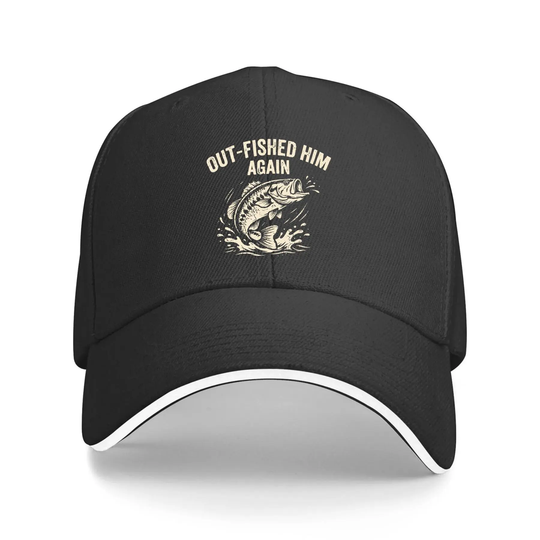 Unisex 100% Polyester Basic Fitted Graphic Print Baseball Cap - "Out-Fished Him Again" Funny Bass Fishing Design, Lightweight Soft Curved Brim Casual Daily Hat for Outdoor Sports & Everyday Wear