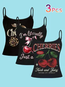 3-Piece Set Vintage Cherry Tank Tops, Leopard Fruit Print Slim Fit Straps, Summer Y2K Sweet & Spicy Style Tees, All-Season Casual Wear