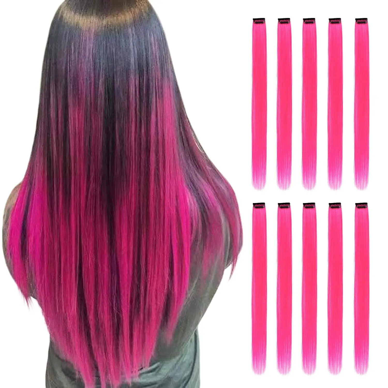 Pink Hair Extensions Clip in, 22 Inch 10 count Long Straight Colored, for Kids Girls Women Highlight Party, Synthetic