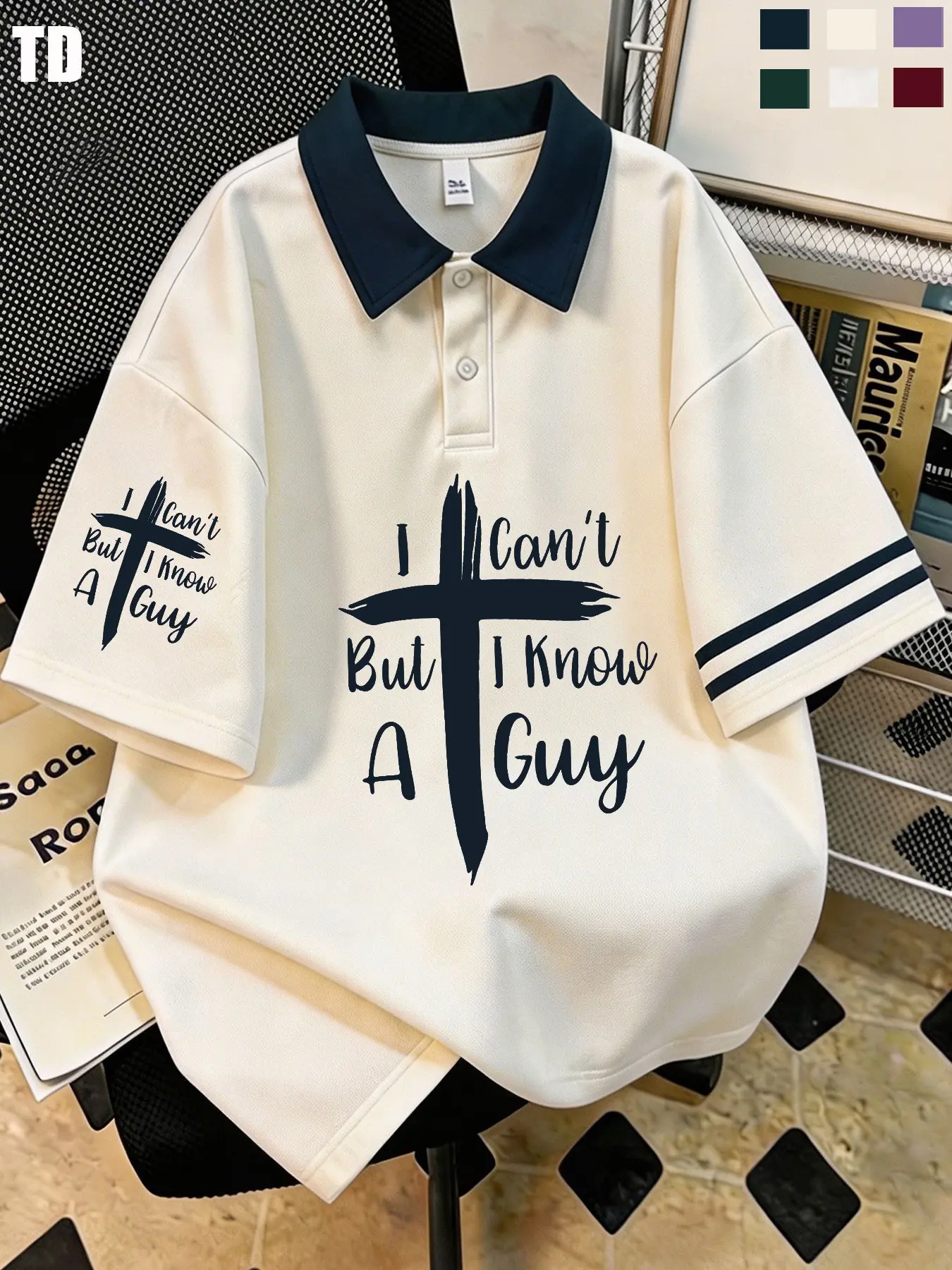 Td Faith Cross Graphic Polo Shirt, Unisex Fitted Patchwork Top, Breathing Streetwear for Church & Weekends, 6 Color Options