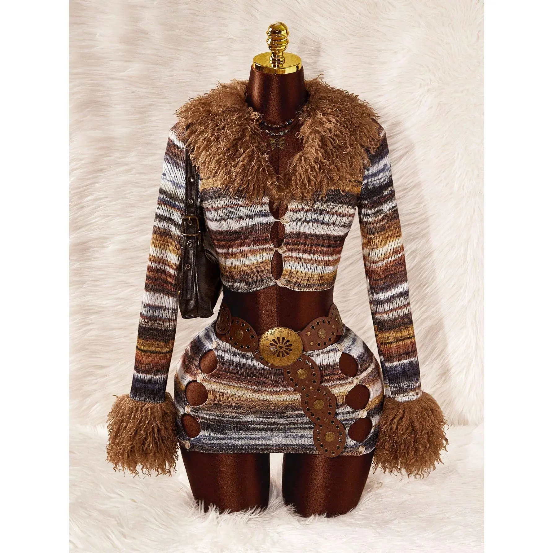 Y2K Women's Autumn Furry Collar Striped Long Sleeve Single-Breasted Cropped Top And Hollow Bodycon Mini Skirt 2 Pieces Set,Grey Night Out Christmas