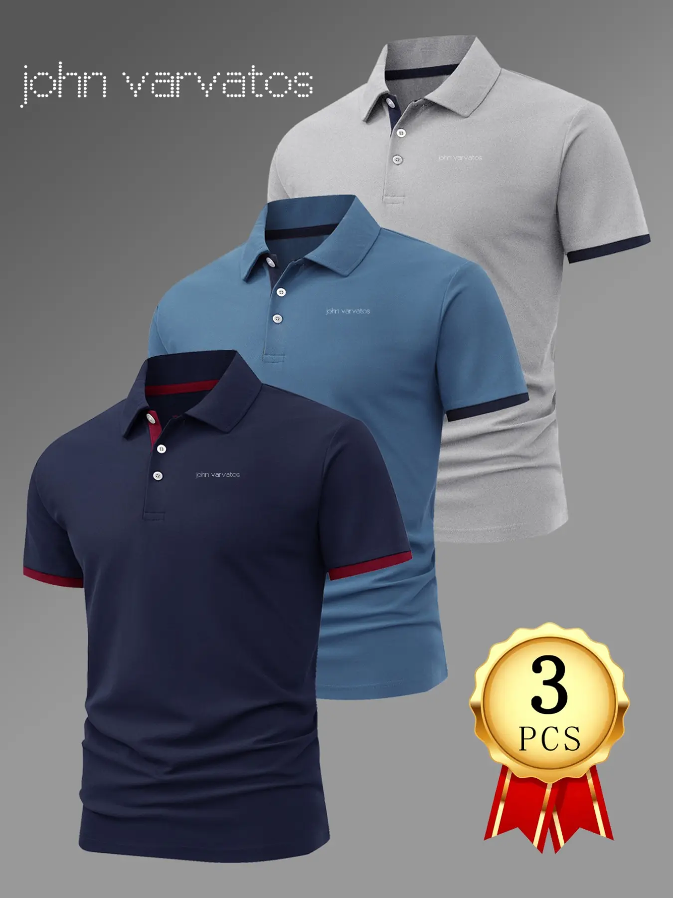 Men's Golf Polo Shirt Set, Classic John Logo Print, Stretchy Casual Breathable, All-Season Comfort, High-End Collared Shirts