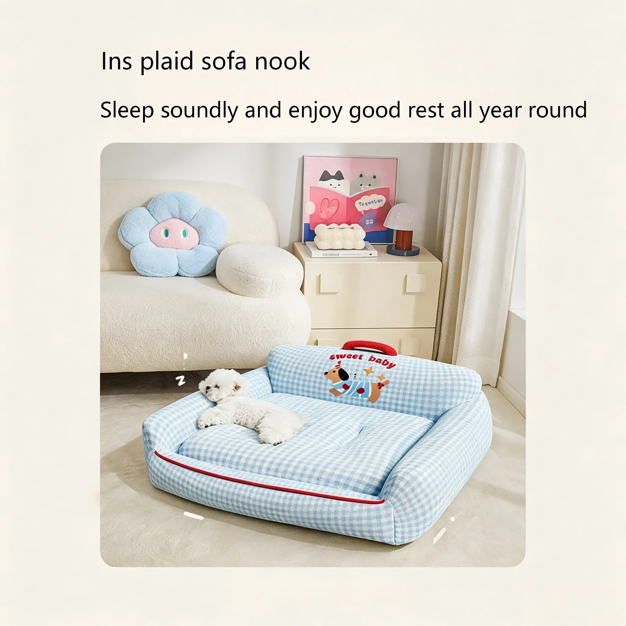1pcs Plaid Pet Sofa Bed, Soft Milk Velvet Pillow, Dog Sofa Bed with Handle, Washable, Non-Slip, Suitable for Small to Medium Pets, Indoor Cat Bed