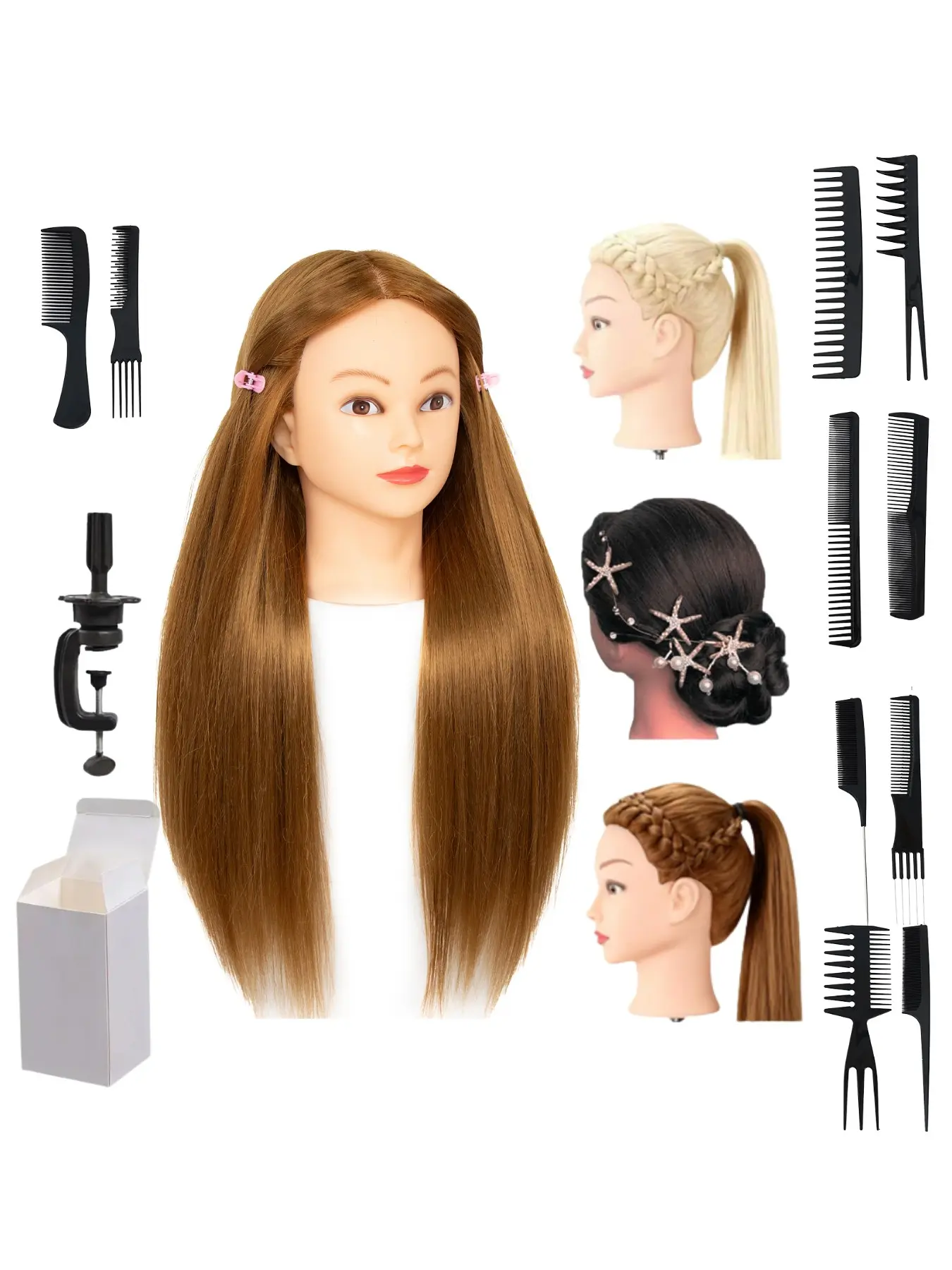 26‑28 Inch Synthetic Hair Mannequin Head 3 Colors Available Light Skin Female Training Manikin Head With Table Clamp Stand And 10 Pcs Hair Comb Kit For Cosmetology Students Practicing Braids Updos And Hairstyling