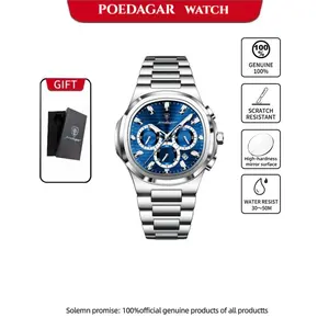 POEDAGAR Premium Business Watch, Luminous Waterproof Stainless Steel Clock, Date Chronograph Quartz Casual Men's Watch + Box