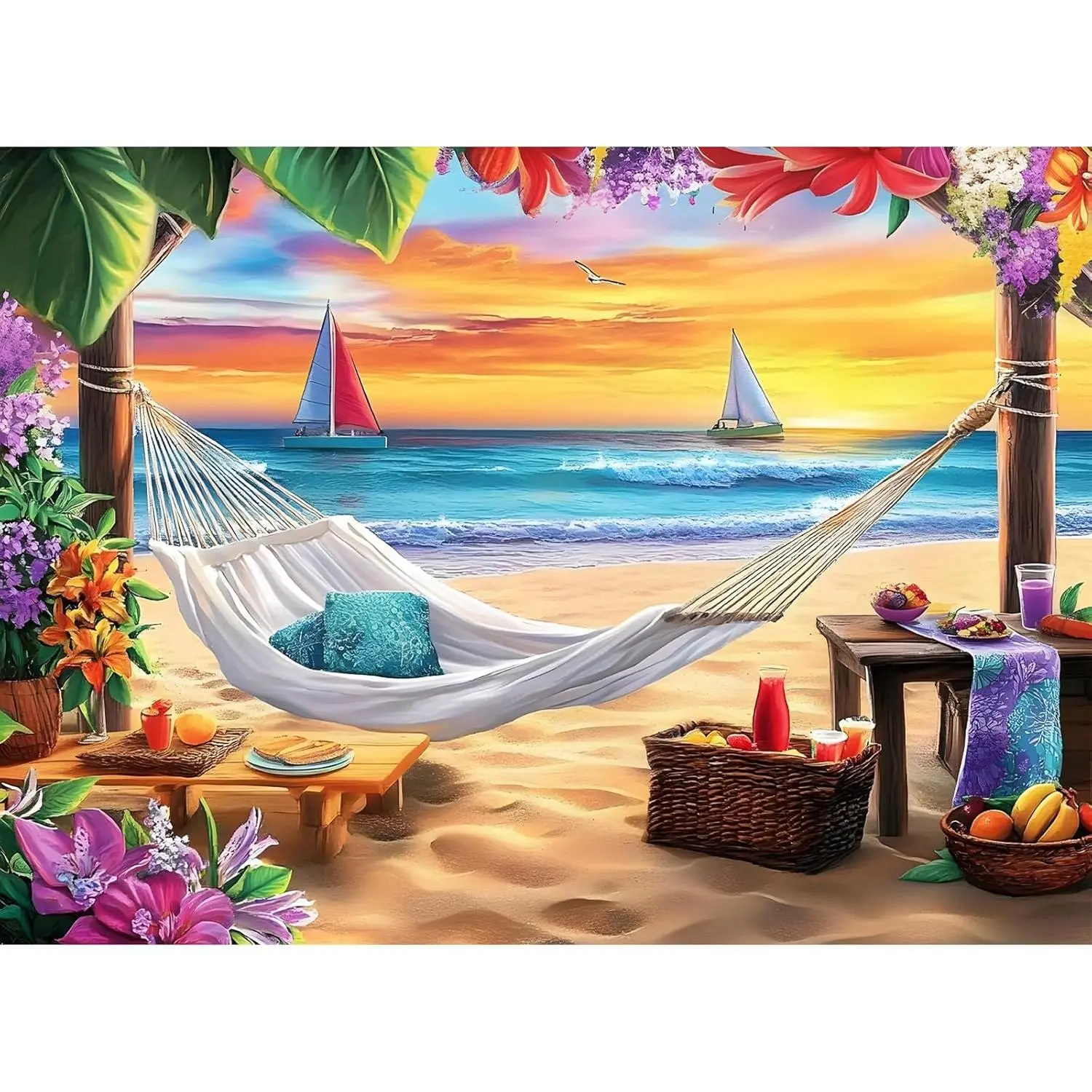 Beach Jigsaw Puzzle 500 Pieces for Adults Senior, Sunset Boat 500 piece Puzzle, Challenging Family Puzzle Colorful Activity Game Gift for Friend