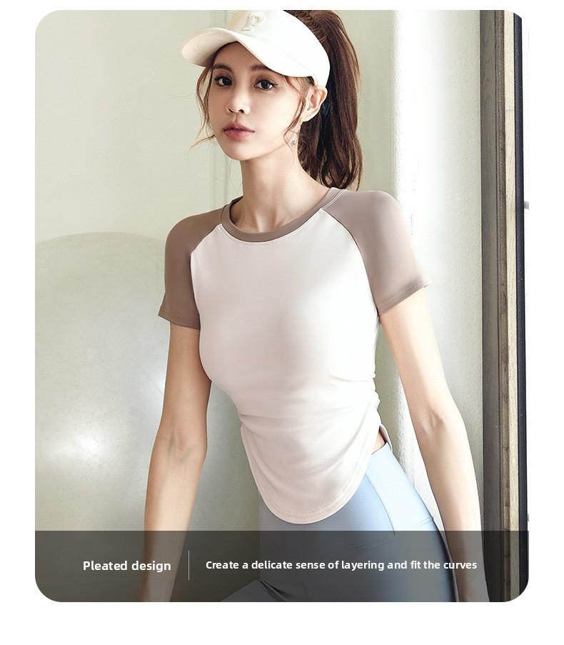 Contrast color pleated yoga top for women, waist-cinching, slimming, with a nude feel, suitable for yoga, sports, and outdoor fitness